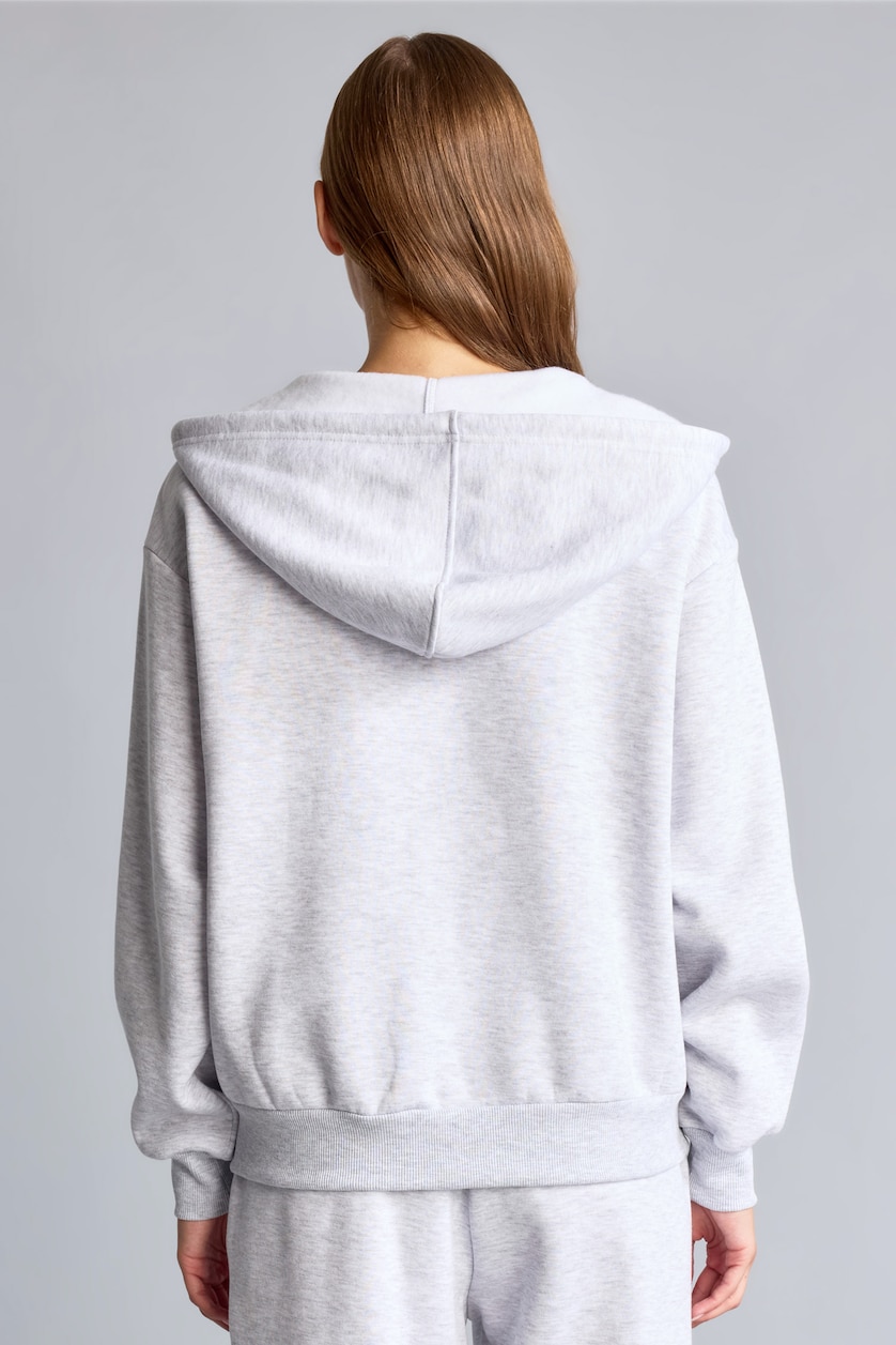 Women Grey Melange Relax Fit Hooded Basic Plain Thick Fabric Cardigan