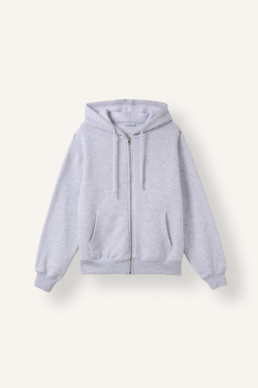Women Grey Melange Relax Fit Hooded Basic Plain Thick Fabric Cardigan