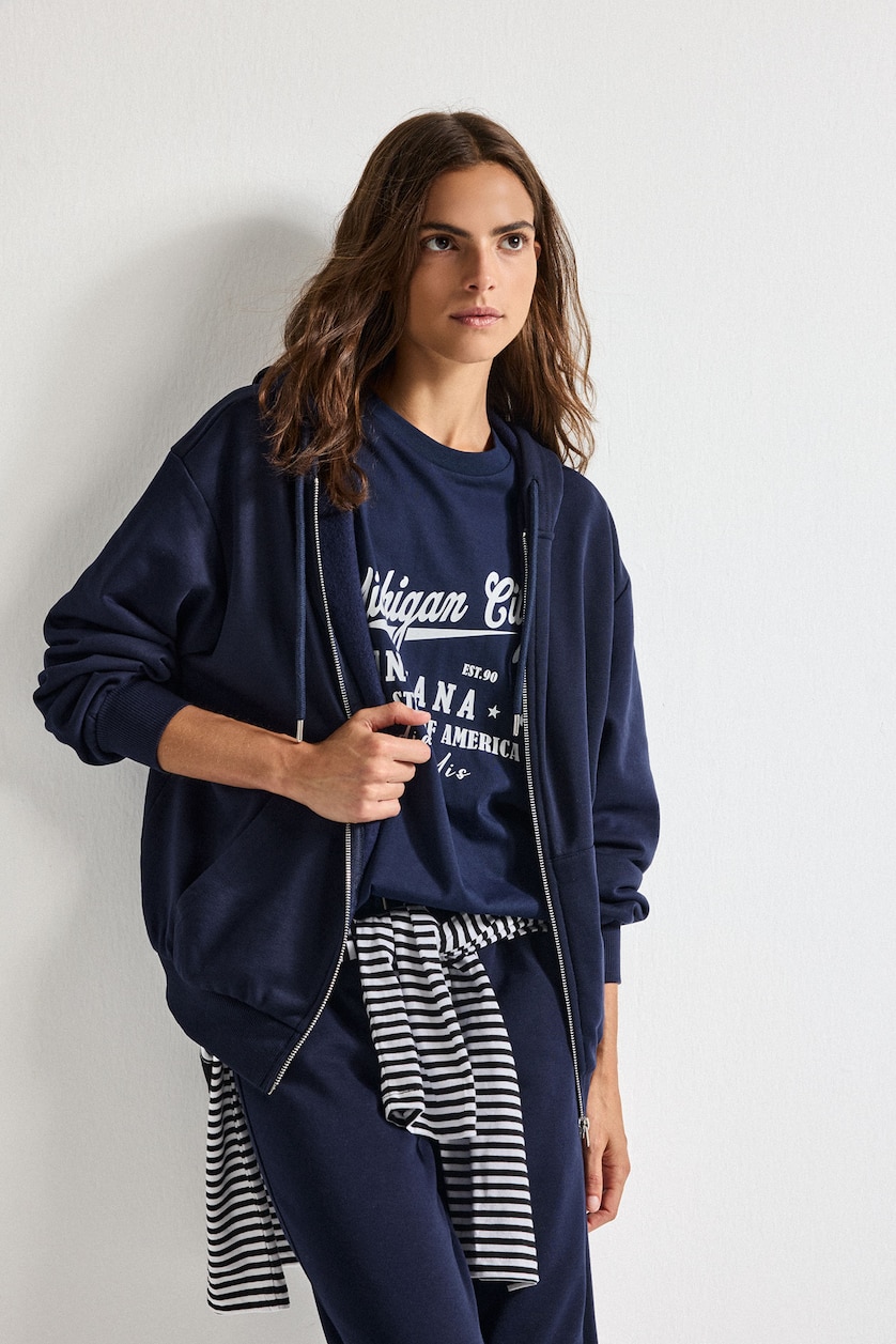Women NAVY Relax Fit Thick Sweatshirt Fabric Cardigan