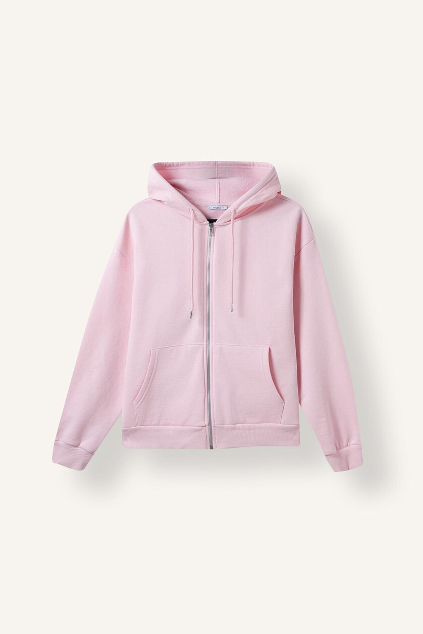 Kadın Açık Pembe Relax Fit Kapüşonlu Basıc Sweatshirt