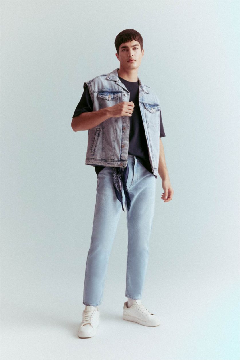 رجالي أزرق فاتح بنطلون جينز سليم فيت بقالب ضيق وخصر عالي