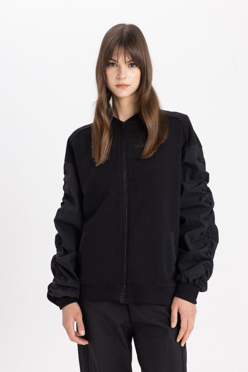 Kadın Siyah Oversize Geniş Kalıp Bomber Mont Ceket Kolej Yaka Basic Düz Fermuarlı Cepli