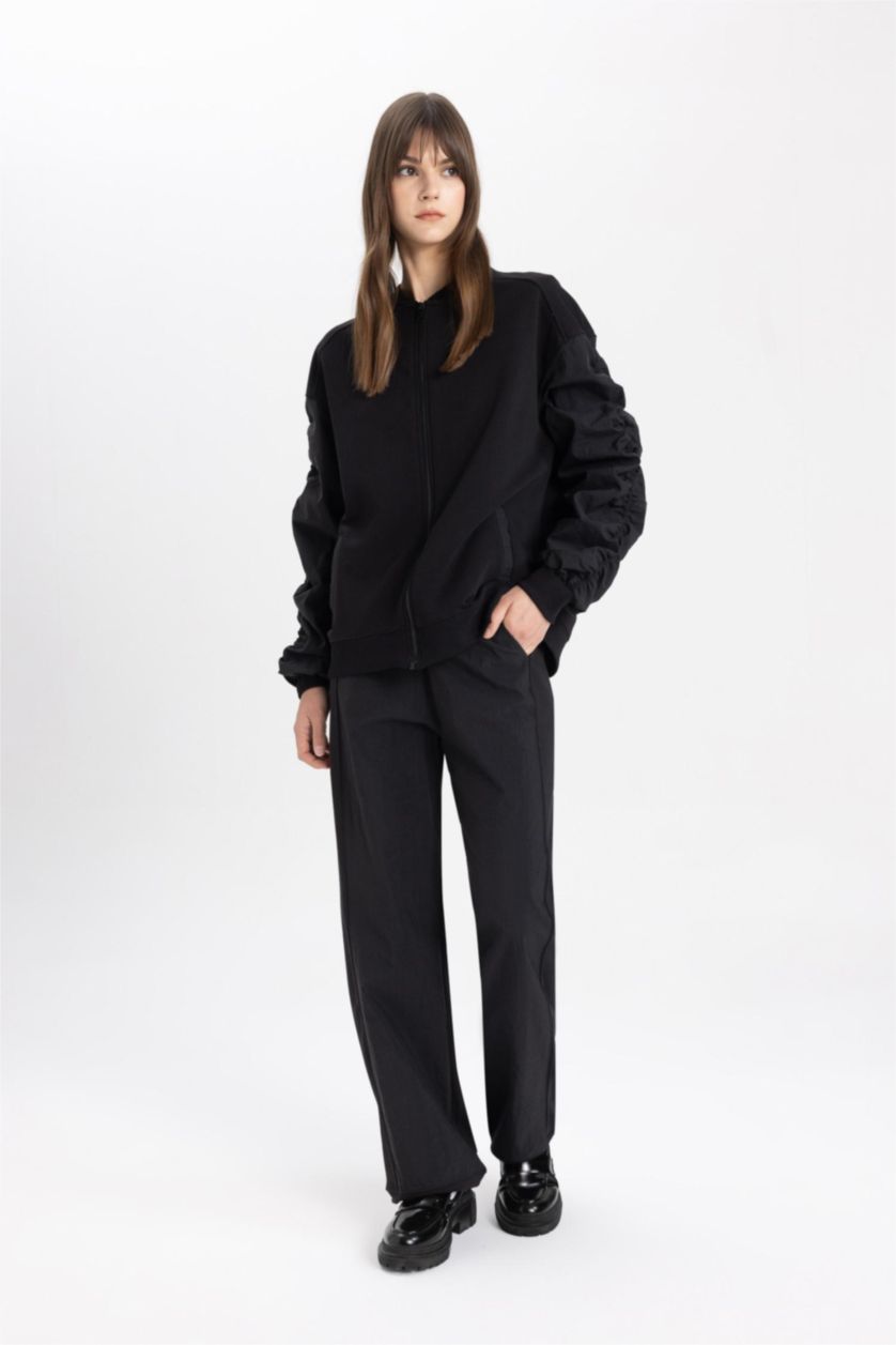 Kadın Siyah Oversize Geniş Kalıp Bomber Mont Ceket Kolej Yaka Basic Düz Fermuarlı Cepli