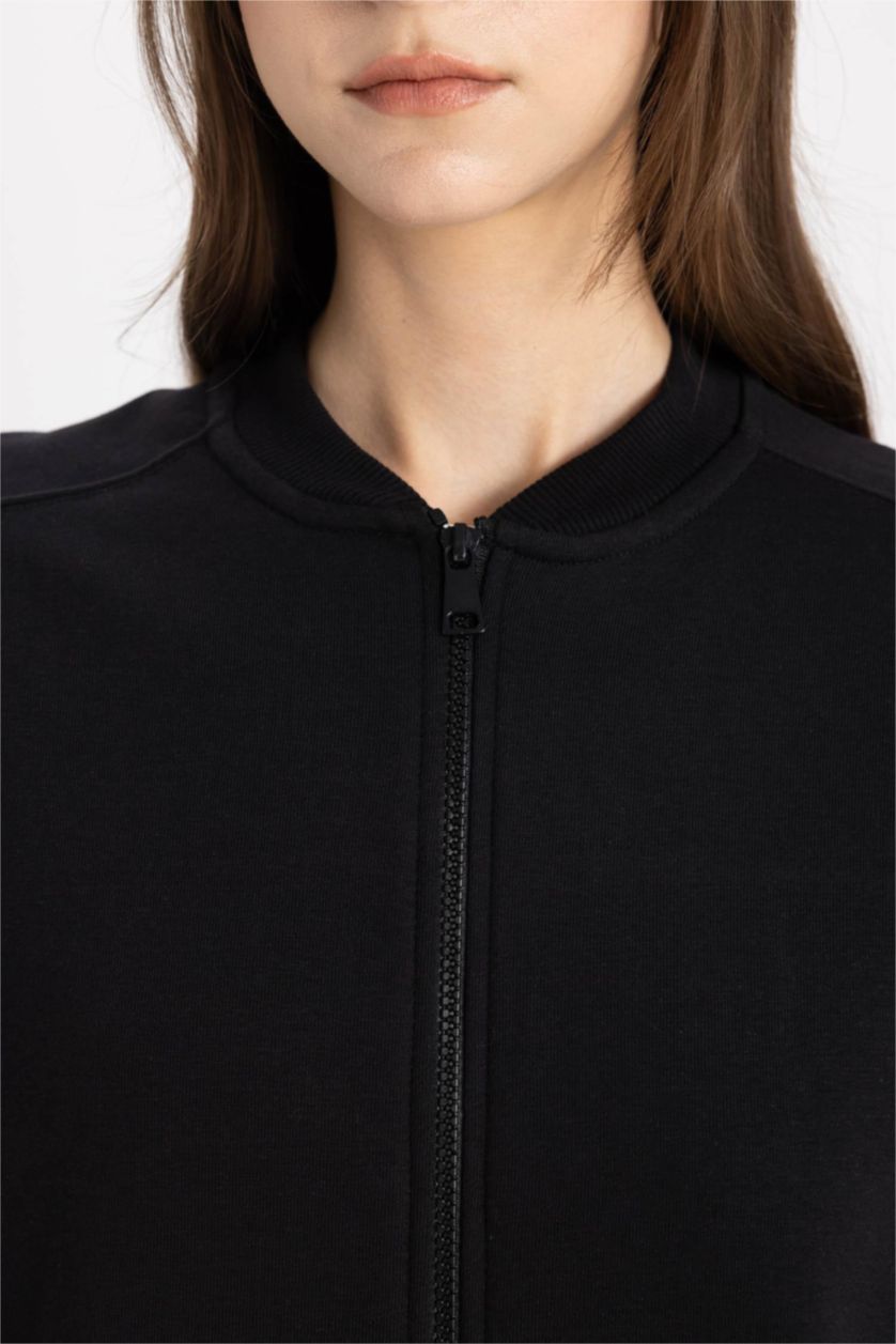 Kadın Siyah Oversize Geniş Kalıp Bomber Mont Ceket Kolej Yaka Basic Düz Fermuarlı Cepli