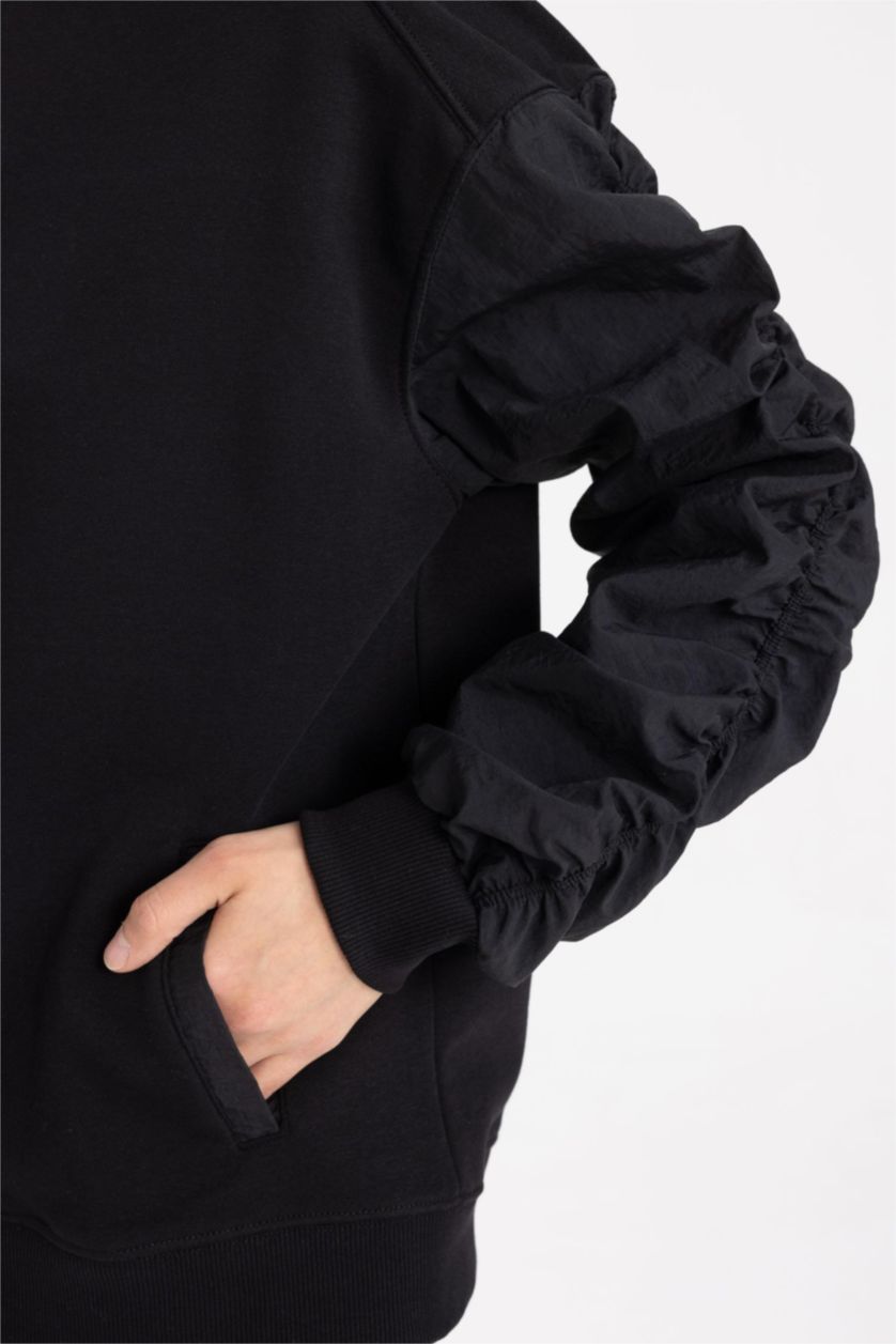 Kadın Siyah Oversize Geniş Kalıp Bomber Mont Ceket Kolej Yaka Basic Düz Fermuarlı Cepli