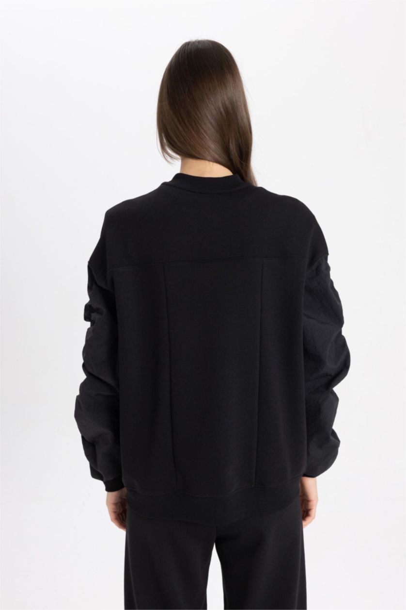 Kadın Siyah Oversize Geniş Kalıp Bomber Mont Ceket Kolej Yaka Basic Düz Fermuarlı Cepli