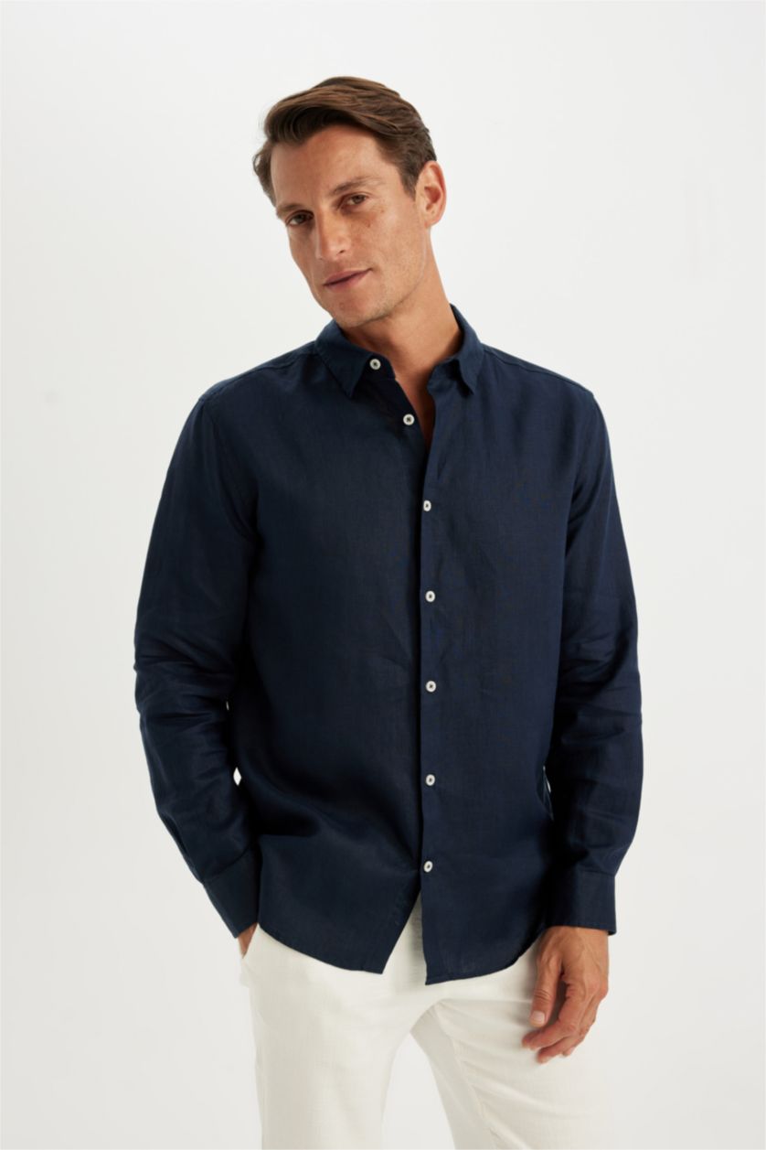 Men NAVY Regular Fit Linen Long Sleeve Shirt