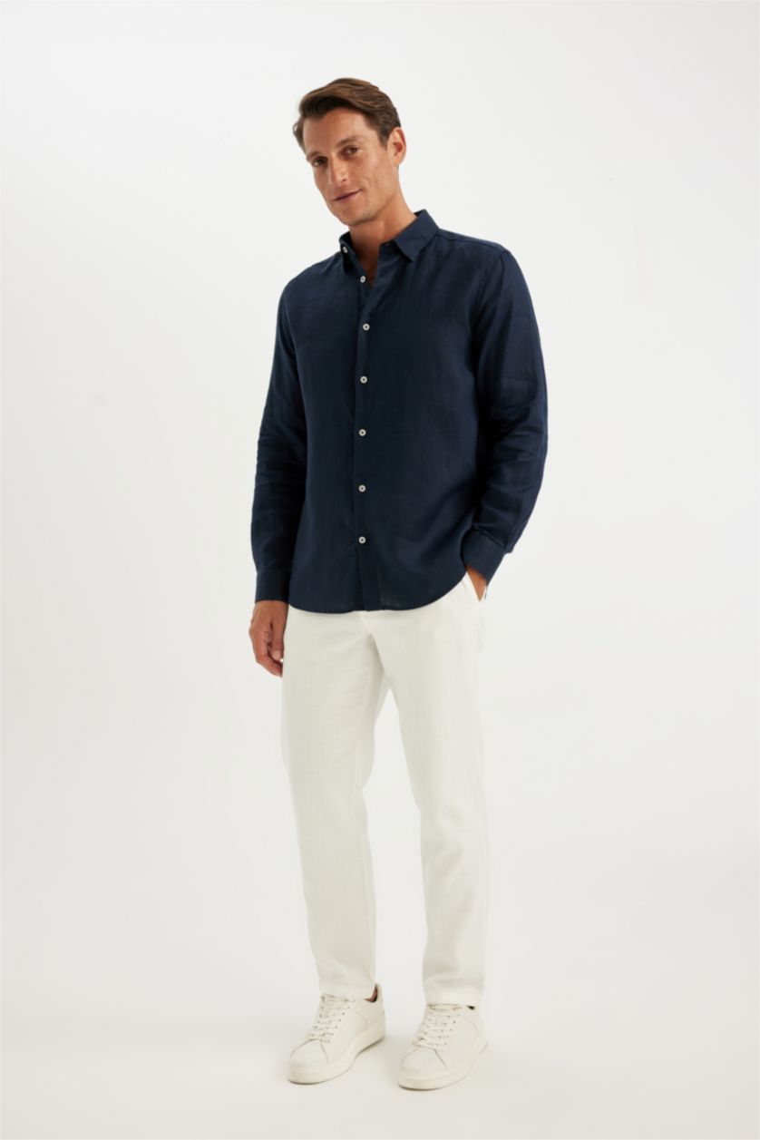 Men NAVY Regular Fit Linen Long Sleeve Shirt