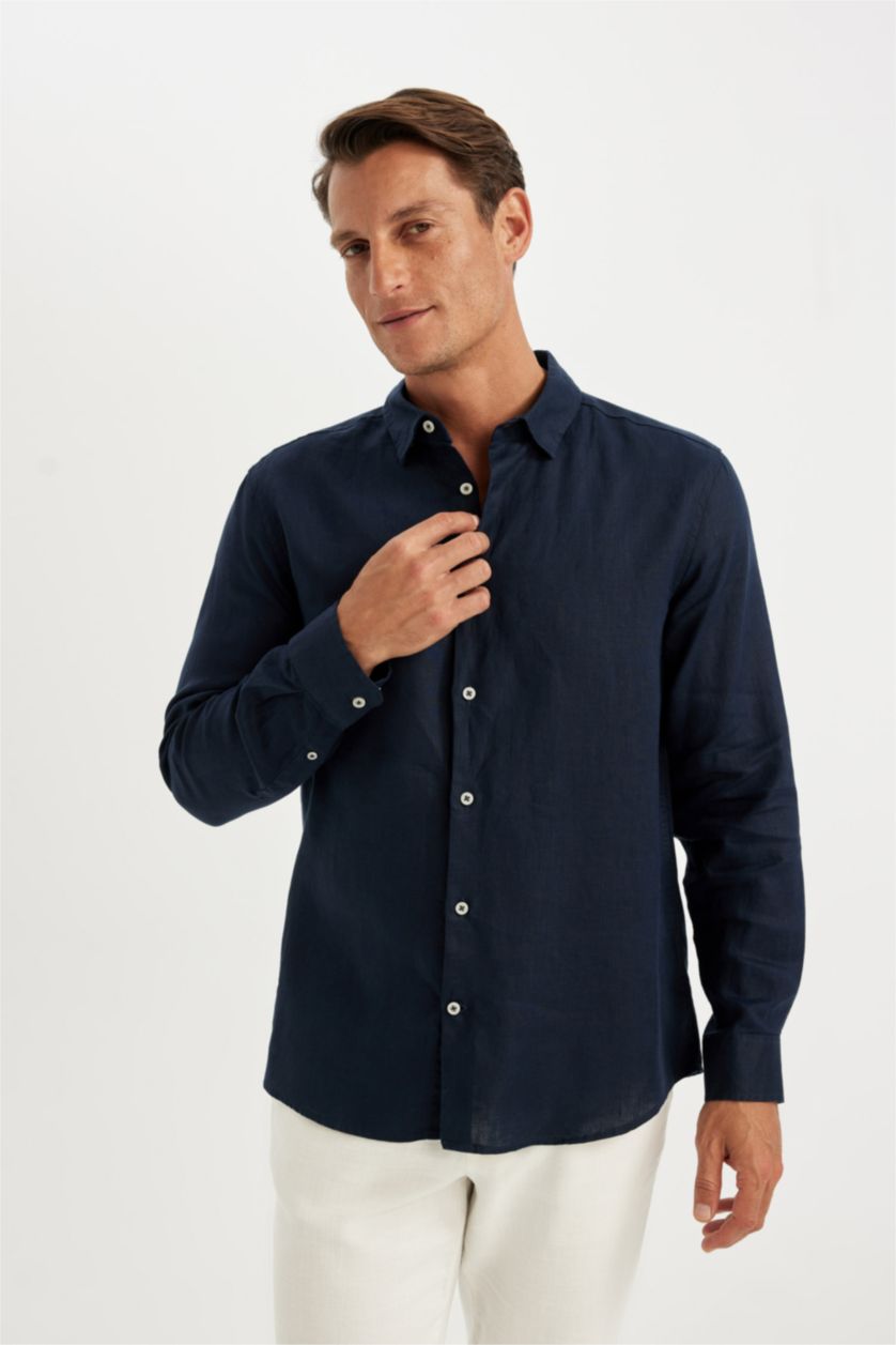 Men NAVY Regular Fit Linen Long Sleeve Shirt