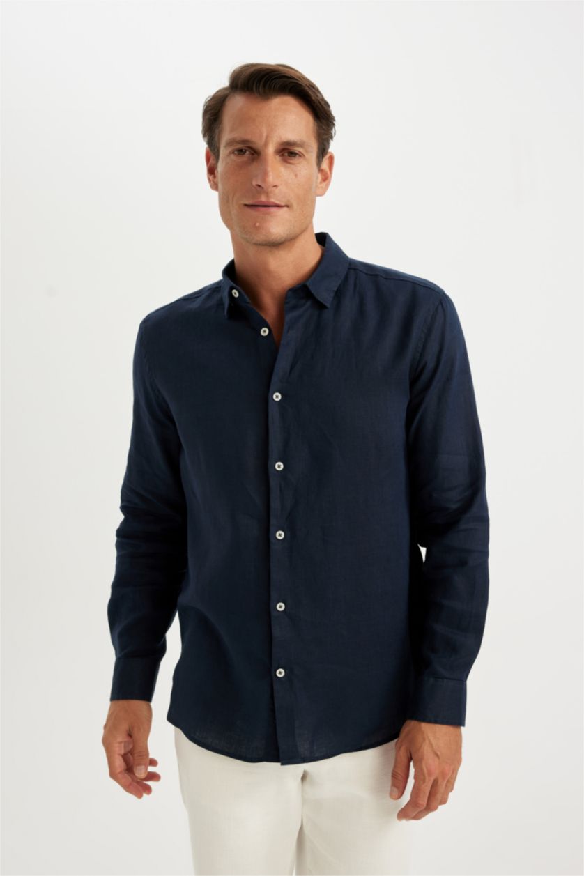 Men NAVY Regular Fit Linen Long Sleeve Shirt