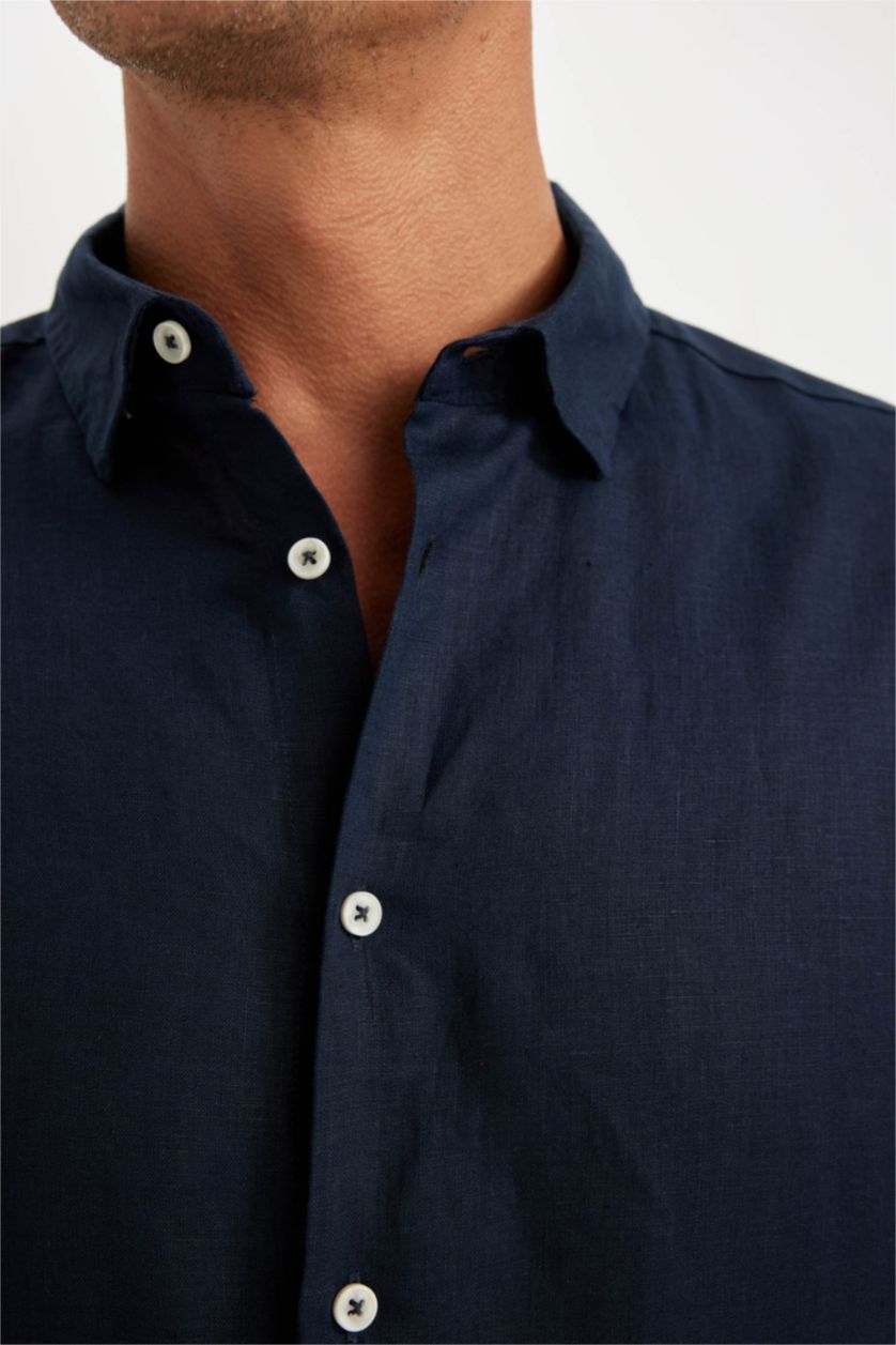 Men NAVY Regular Fit Linen Long Sleeve Shirt