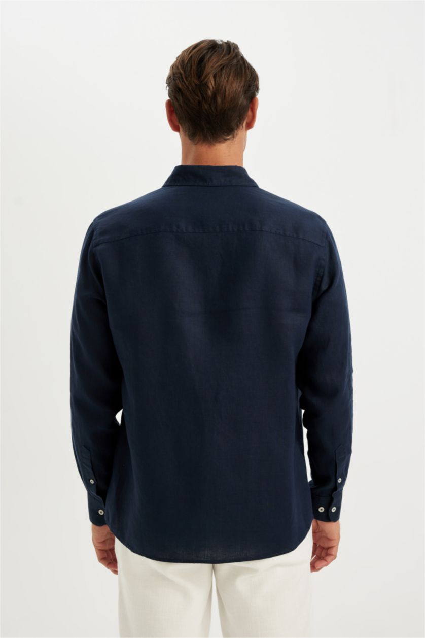Men NAVY Regular Fit Linen Long Sleeve Shirt