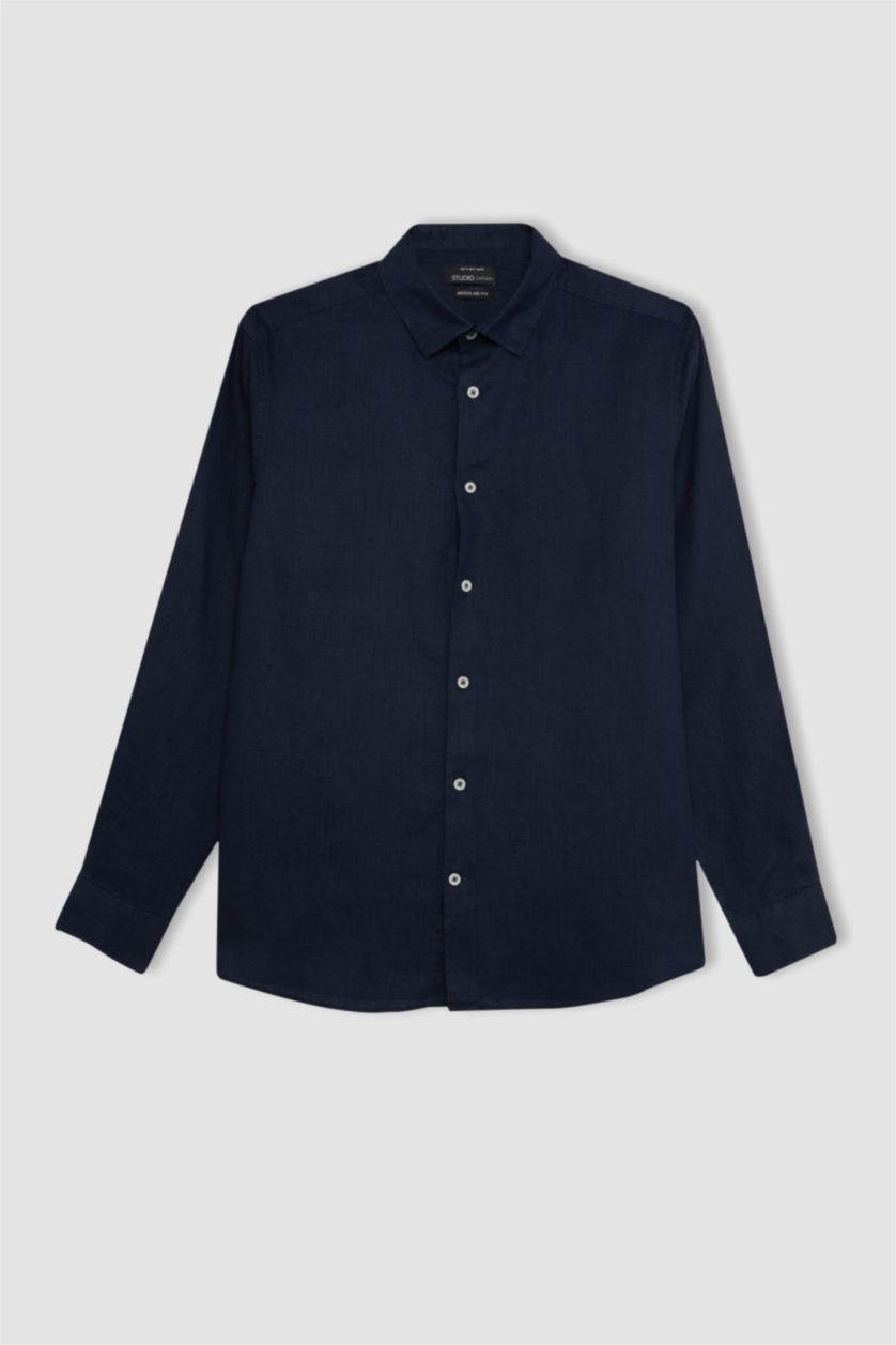Men NAVY Regular Fit Linen Long Sleeve Shirt