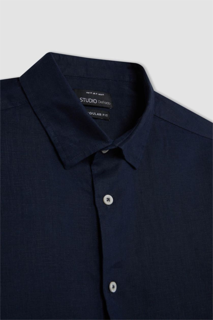 Men NAVY Regular Fit Linen Long Sleeve Shirt