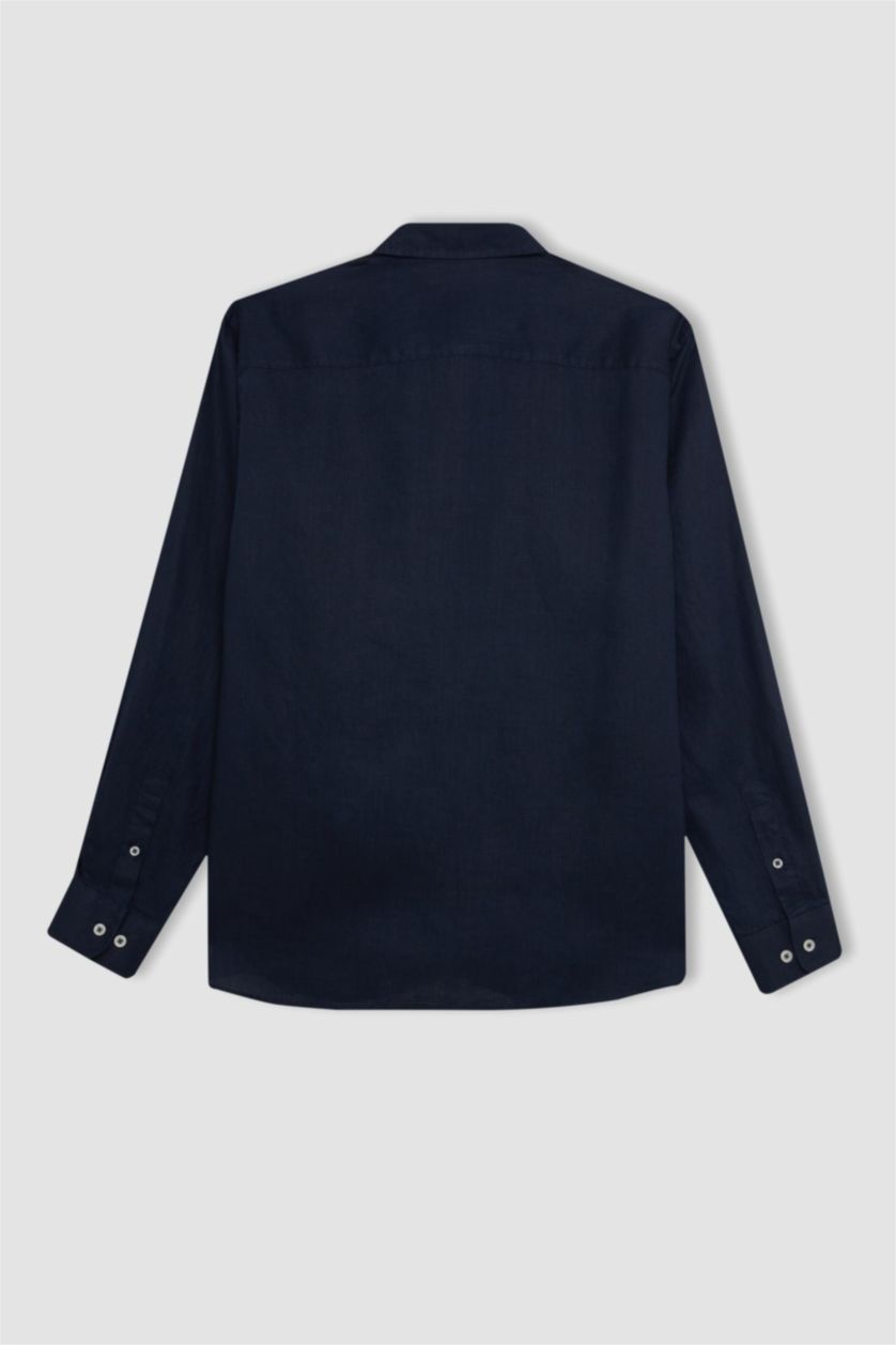 Men NAVY Regular Fit Linen Long Sleeve Shirt