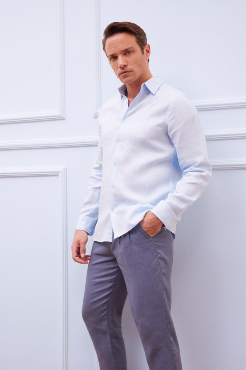 رجالي أزرق فاتح Regular Fit Linen Long Sleeve Shirt