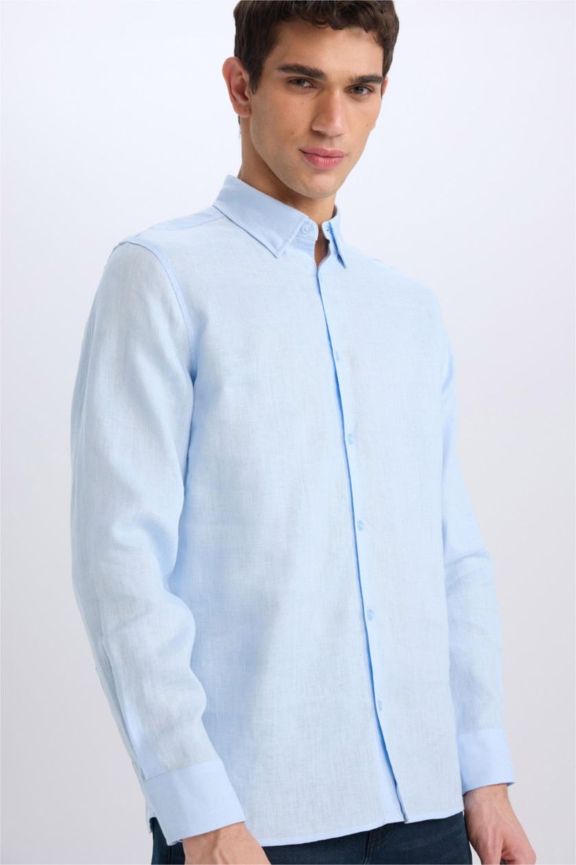 رجالي أزرق فاتح Regular Fit Linen Long Sleeve Shirt