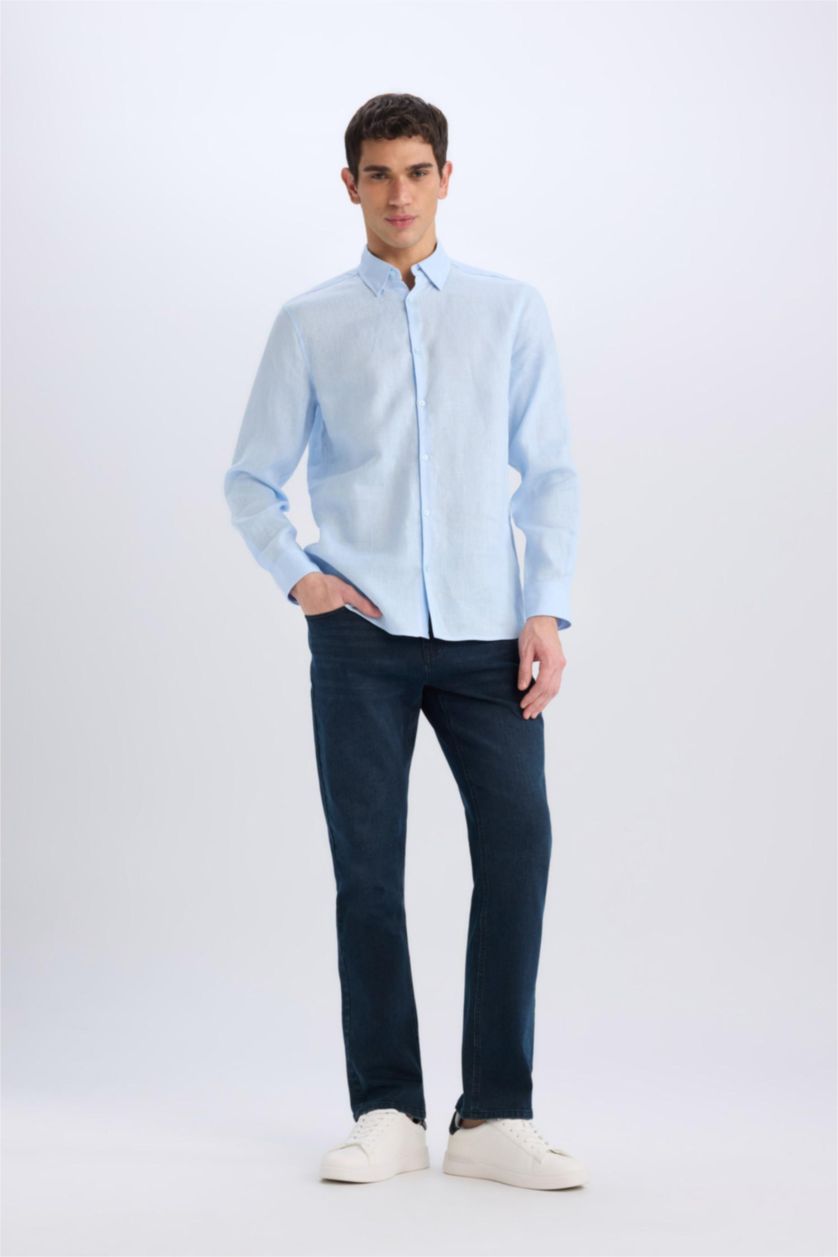 رجالي أزرق فاتح Regular Fit Linen Long Sleeve Shirt