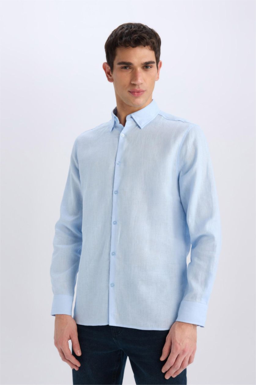 رجالي أزرق فاتح Regular Fit Linen Long Sleeve Shirt