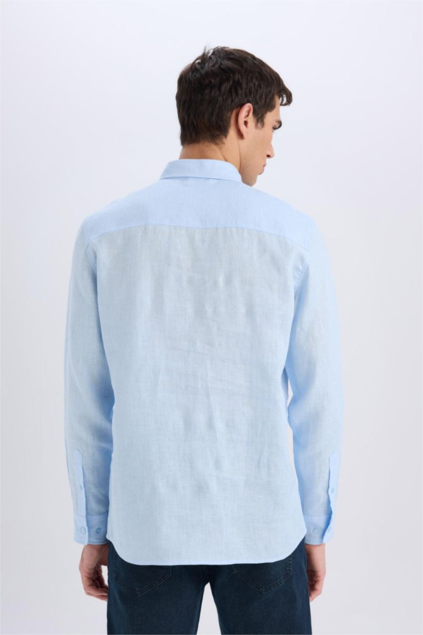 رجالي أزرق فاتح Regular Fit Linen Long Sleeve Shirt