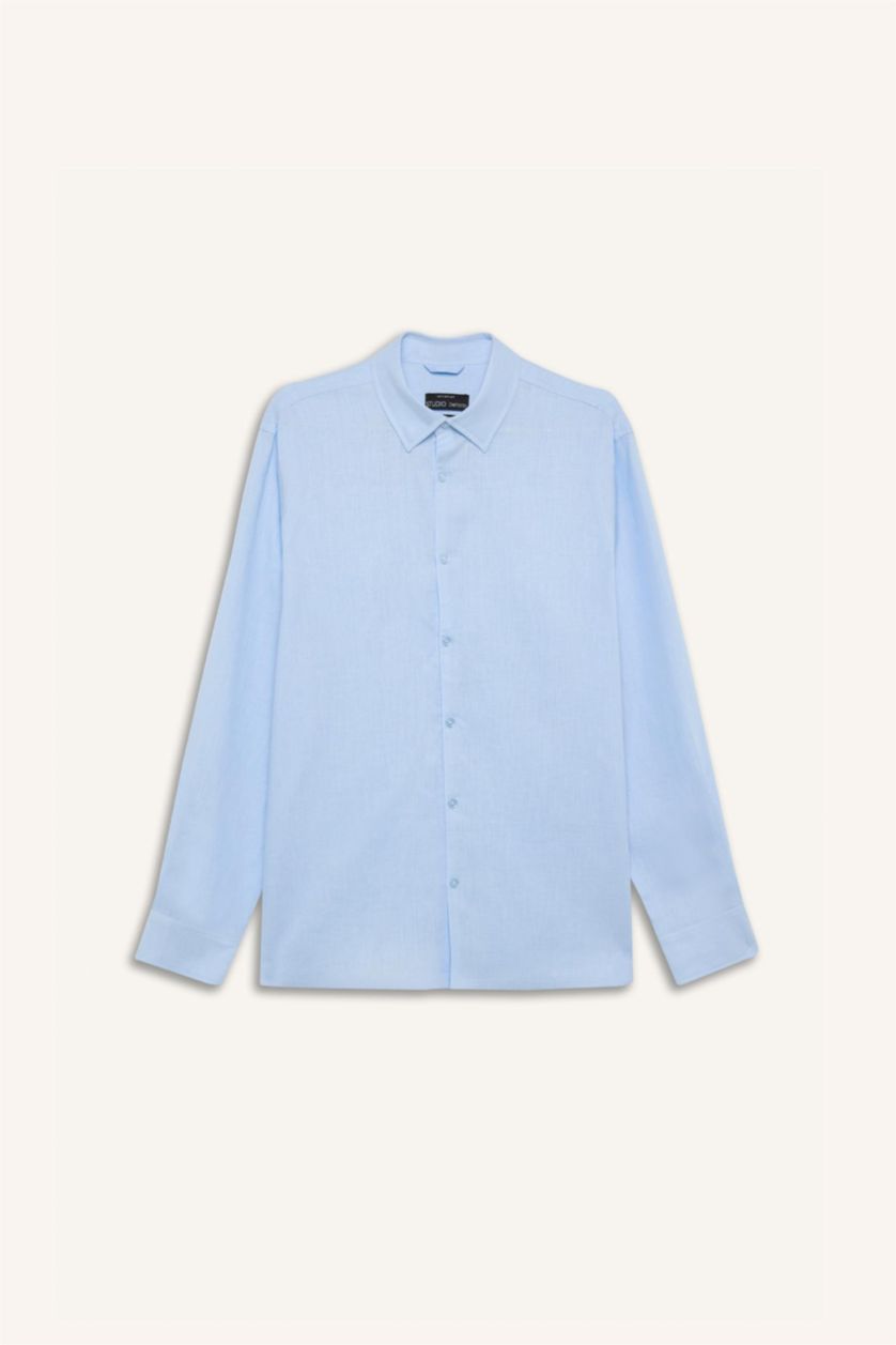 رجالي أزرق فاتح Regular Fit Linen Long Sleeve Shirt
