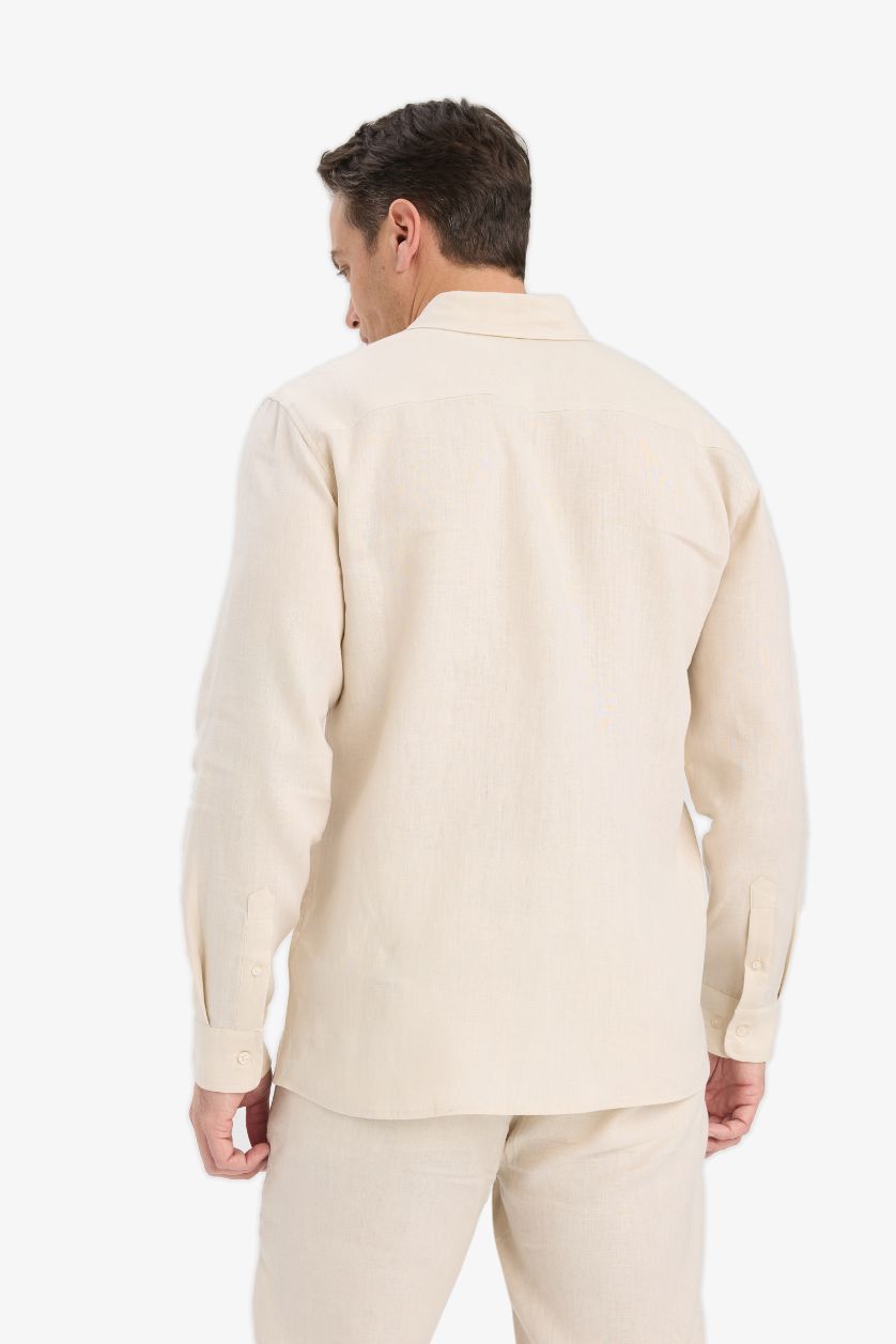 Erkek Bej %100 Keten Regular Fit Polo Yaka Yazlık Basic Düz Uzun Kollu Gömlek