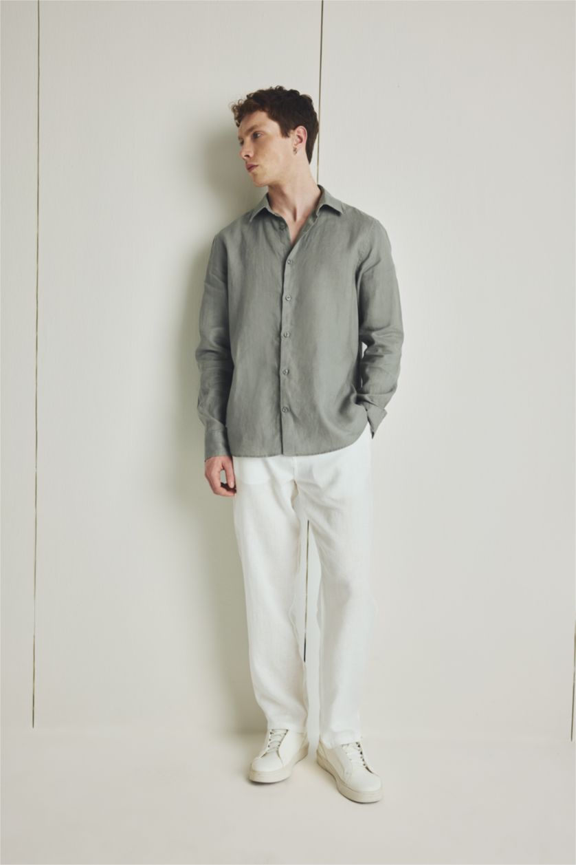 Men Khaki Regular Fit Linen Long Sleeve Shirt