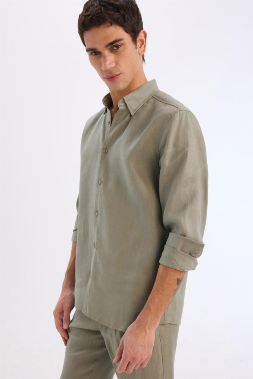 Men Khaki Regular Fit Linen Long Sleeve Shirt