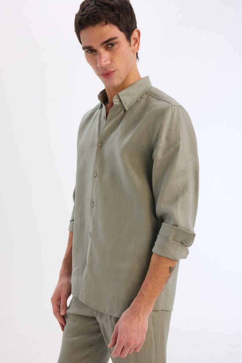Erkek Haki %100 Keten Regular Fit Basic Uzun Kollu Gömlek