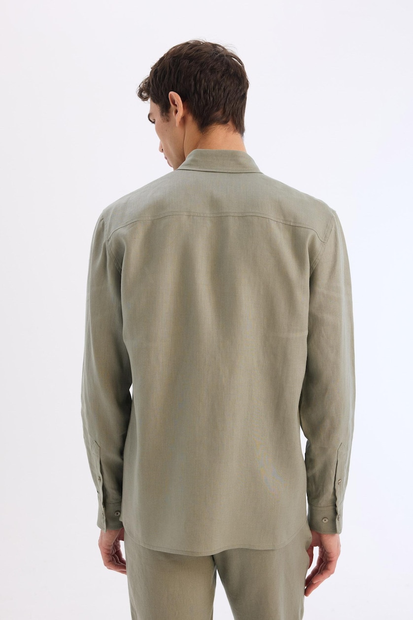 Erkek Haki %100 Keten Regular Fit Basic Uzun Kollu Gömlek