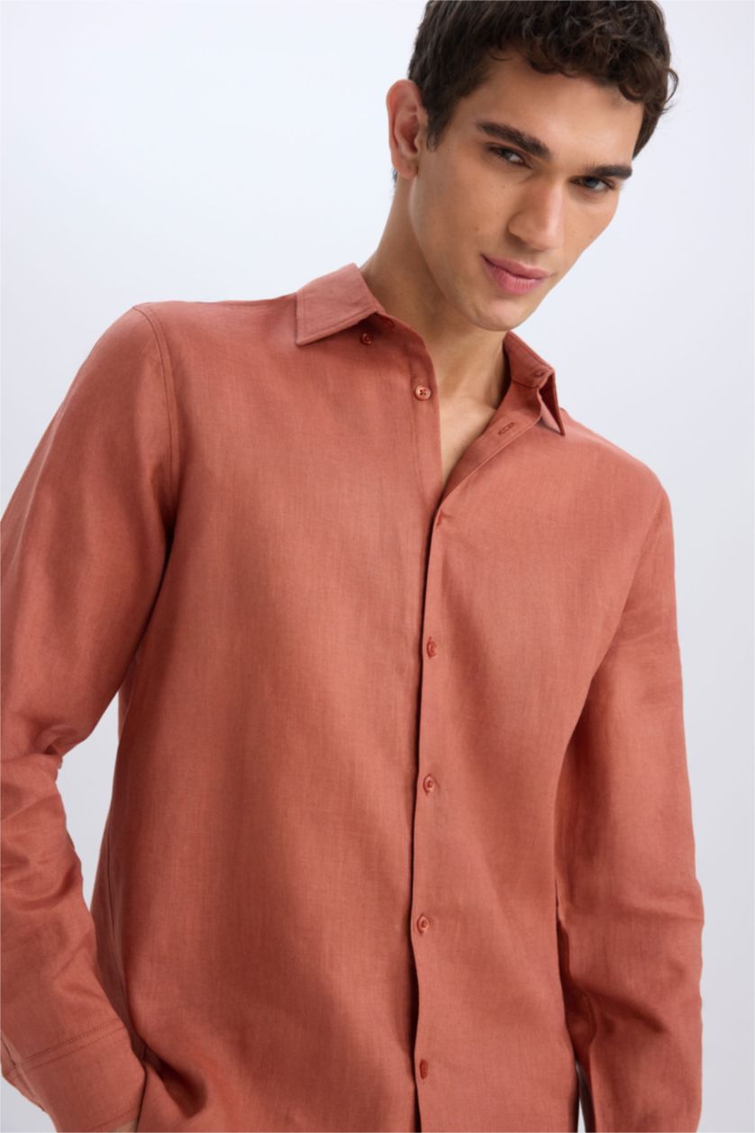 Erkek Kiremit %100 Keten Regular Fit Polo Yaka Yazlık Basic Düz Uzun Kollu Gömlek