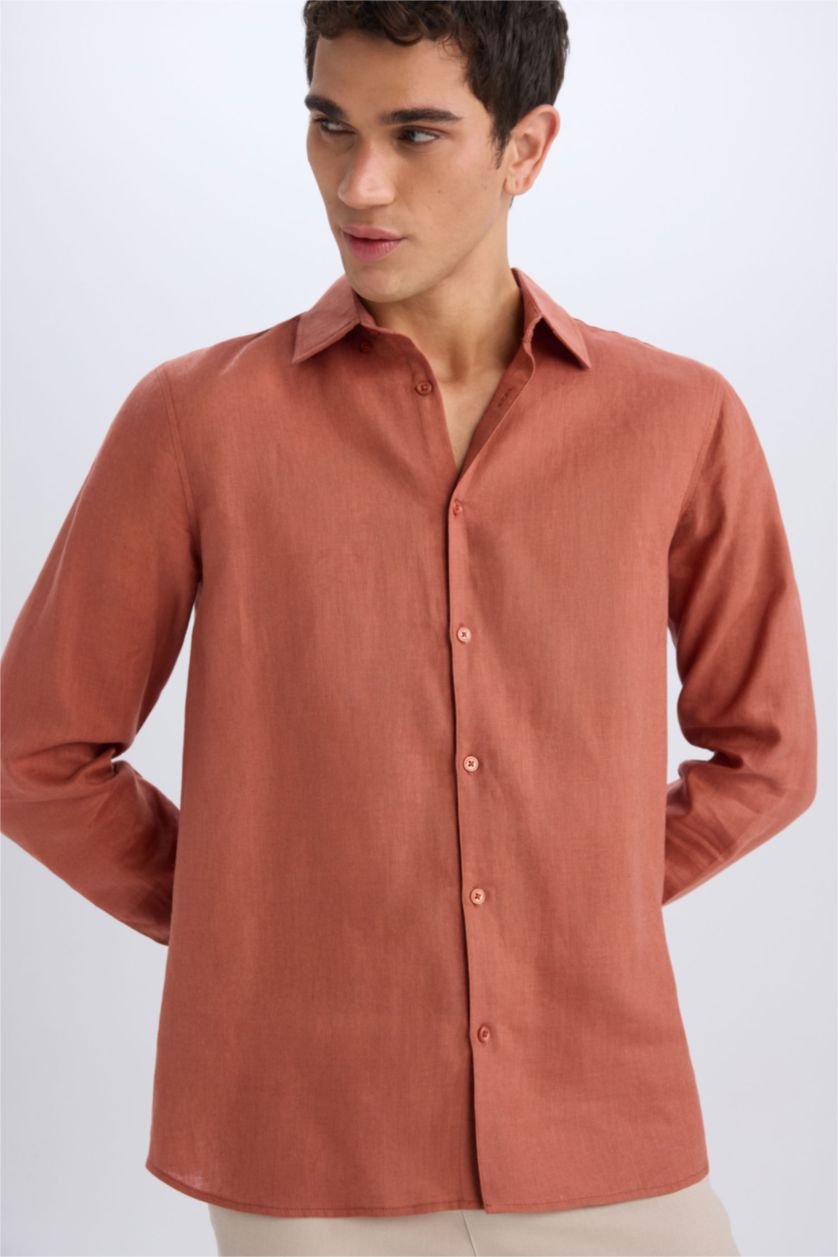 Erkek Kiremit %100 Keten Regular Fit Polo Yaka Yazlık Basic Düz Uzun Kollu Gömlek