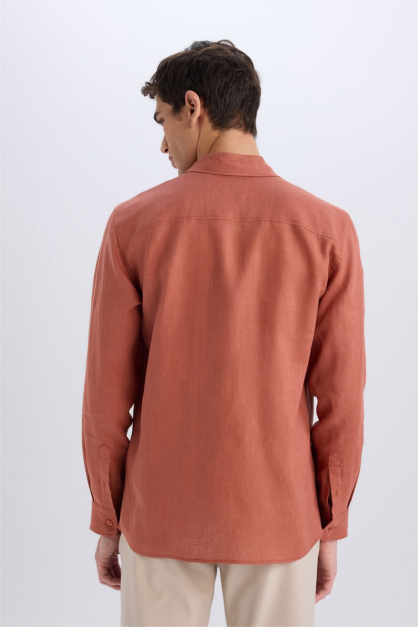 Erkek Kiremit %100 Keten Regular Fit Polo Yaka Yazlık Basic Düz Uzun Kollu Gömlek