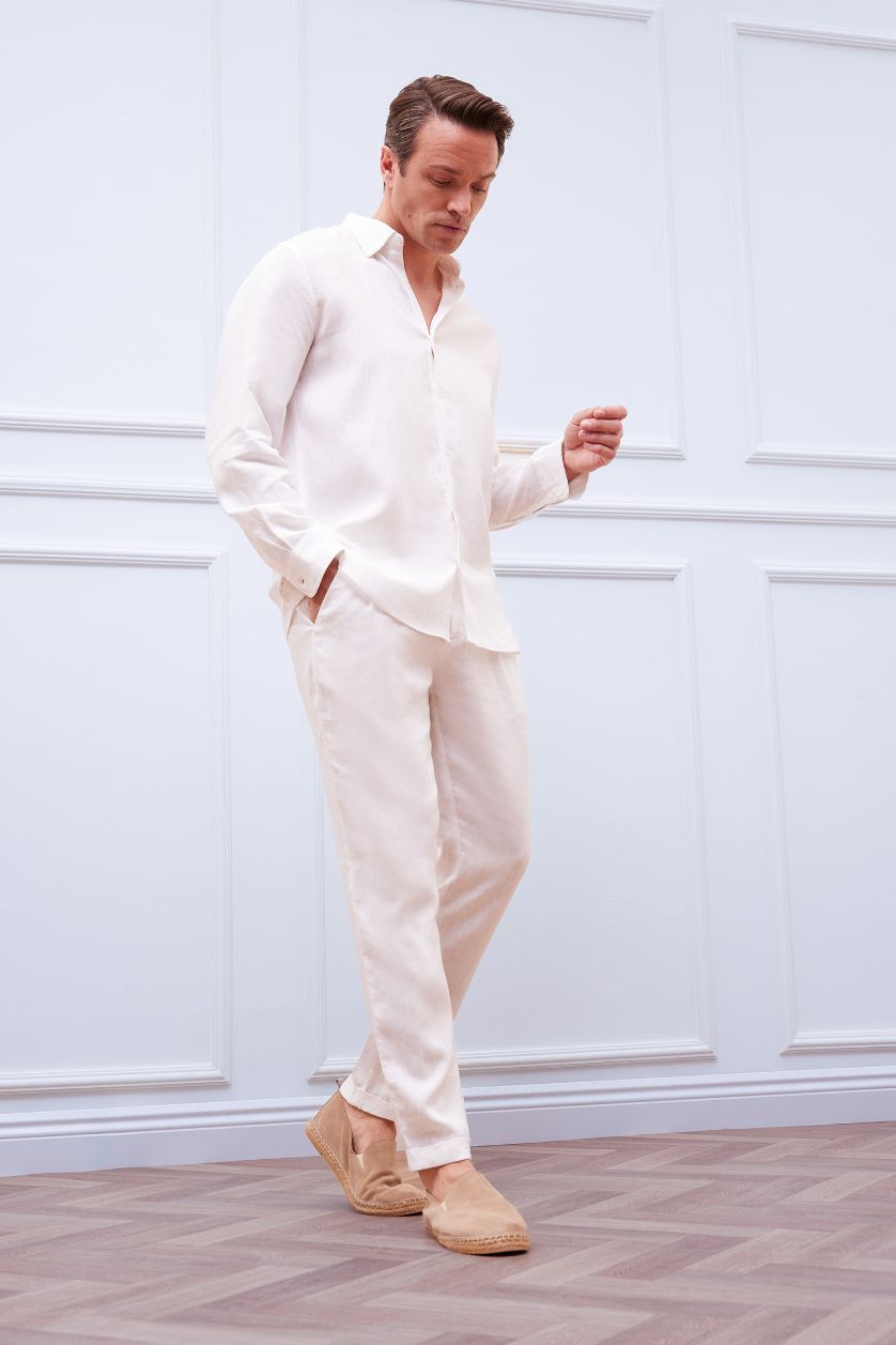 MAN White Regular Fit Polo Collar Summer Basic Linen Shirt