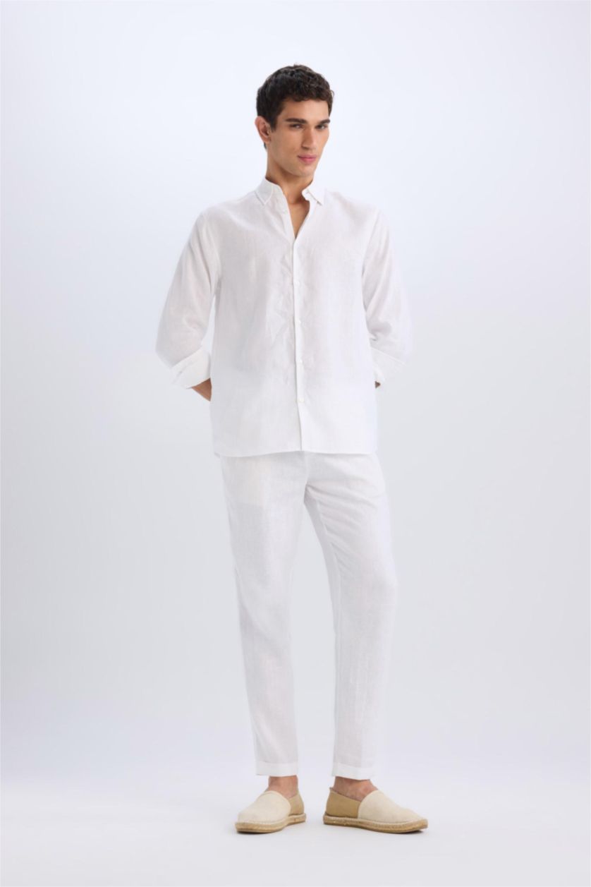 MAN White Regular Fit Polo Collar Summer Basic Linen Shirt