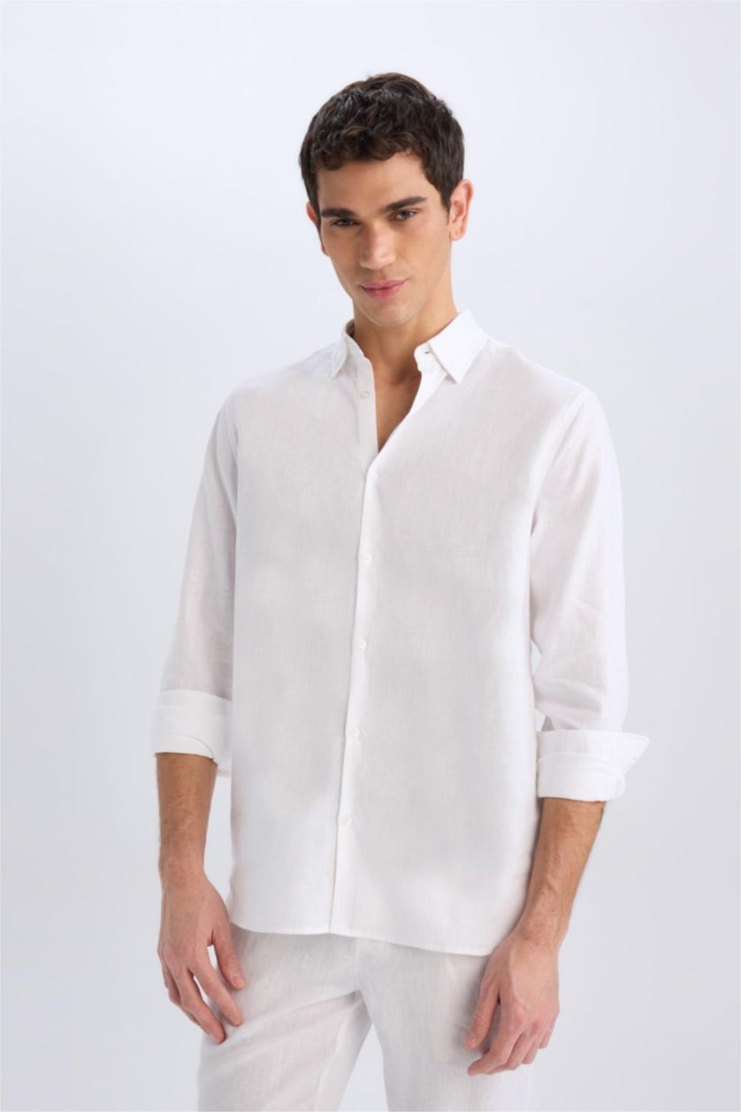 MAN White Regular Fit Polo Collar Summer Basic Linen Shirt