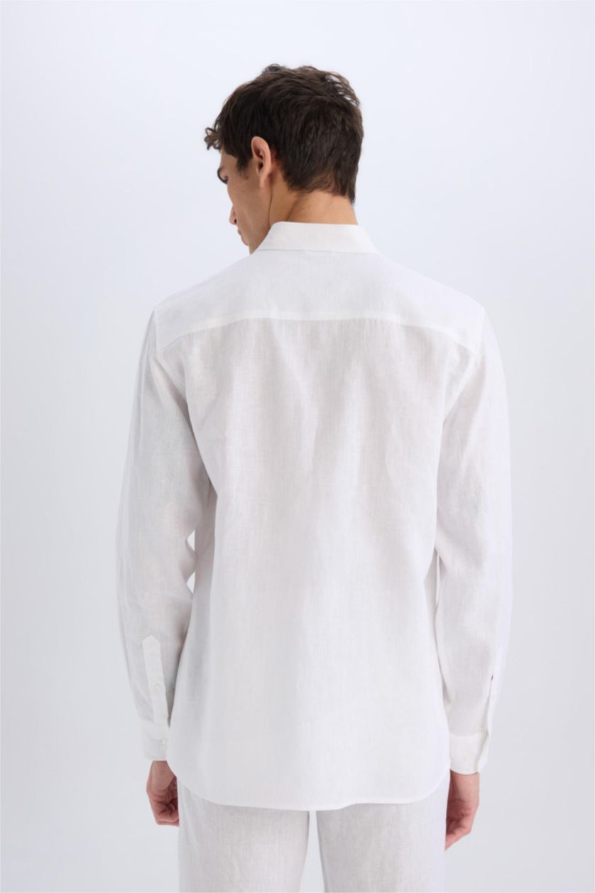 MAN White Regular Fit Polo Collar Summer Basic Linen Shirt