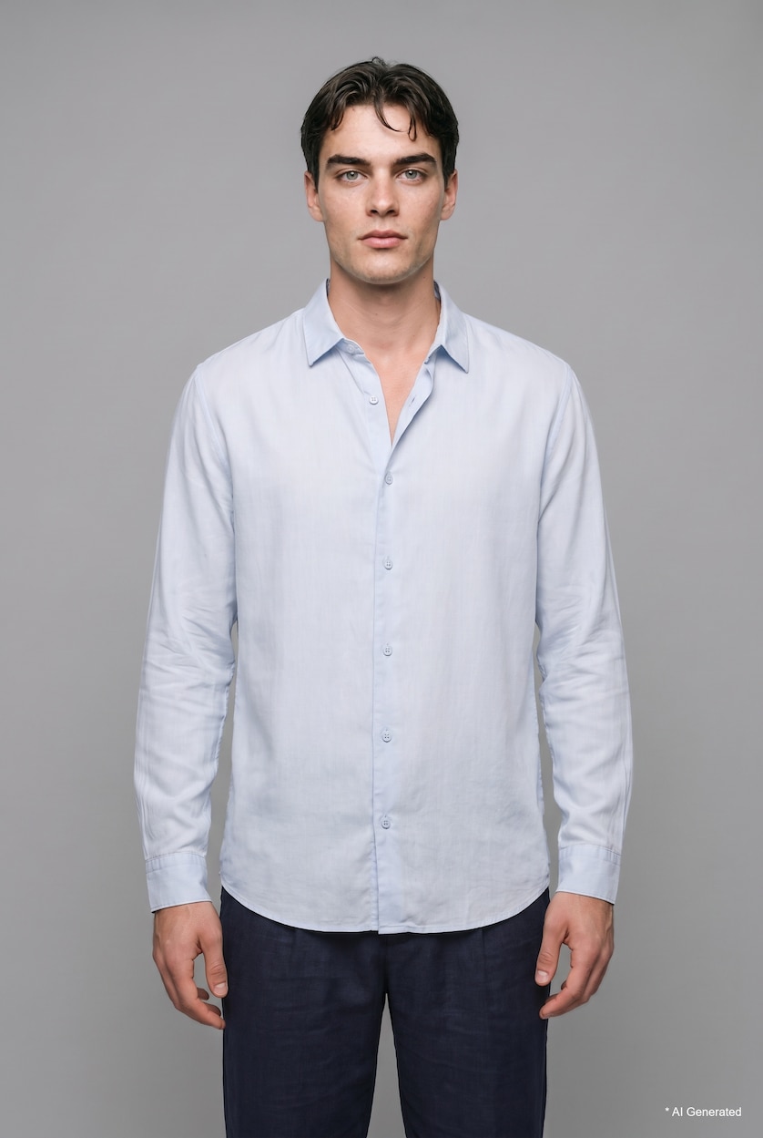 Erkek Açık Mavi %100 Keten Regular Fit Basic Uzun Kollu Gömlek