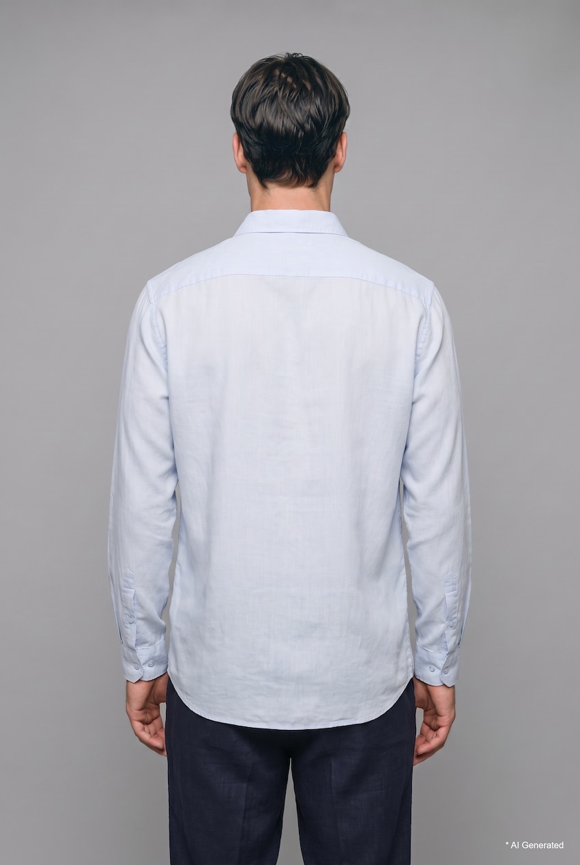 Erkek Açık Mavi %100 Keten Regular Fit Basic Uzun Kollu Gömlek