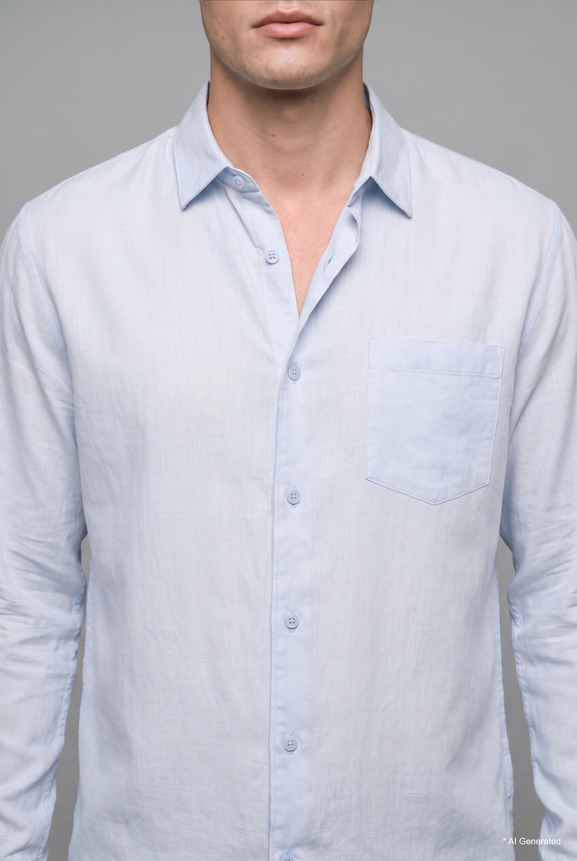 Erkek Açık Mavi %100 Keten Regular Fit Basic Uzun Kollu Gömlek