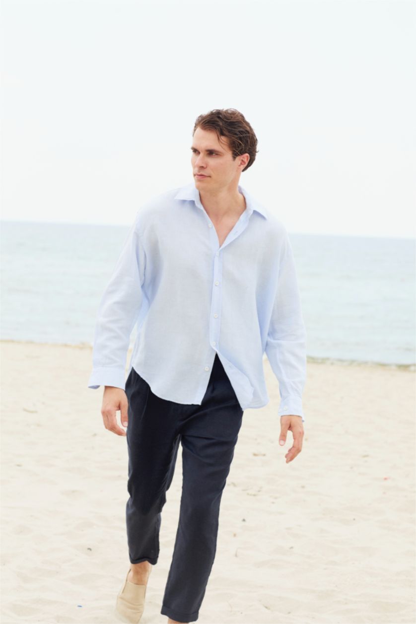 Men Light Blue Linen Long Sleeve Shirt