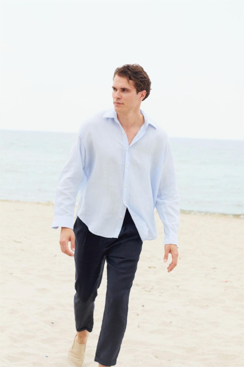 MAN Light Blue Linen Long Sleeve Shirt