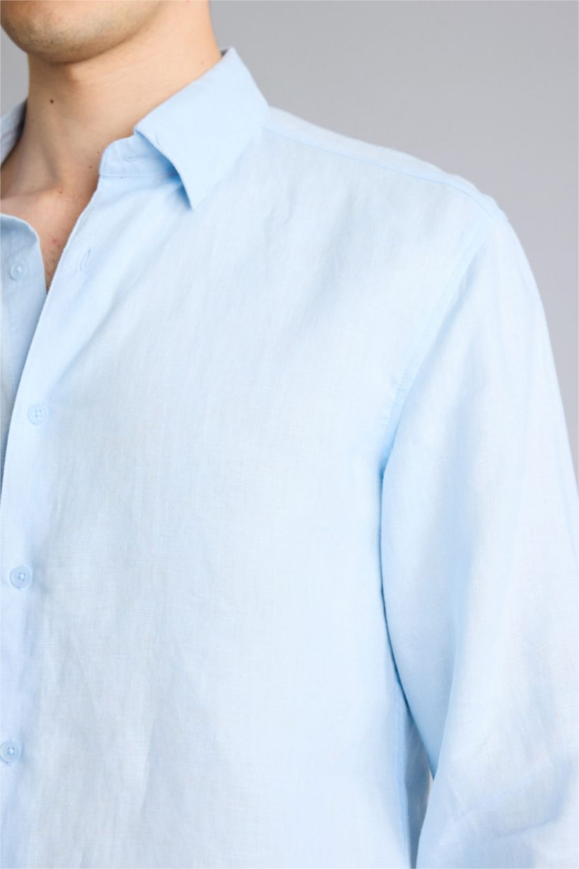 Erkek Açık Mavi %100 Keten Regular Fit Polo Yaka Yazlık Basic Düz Uzun Kollu Gömlek