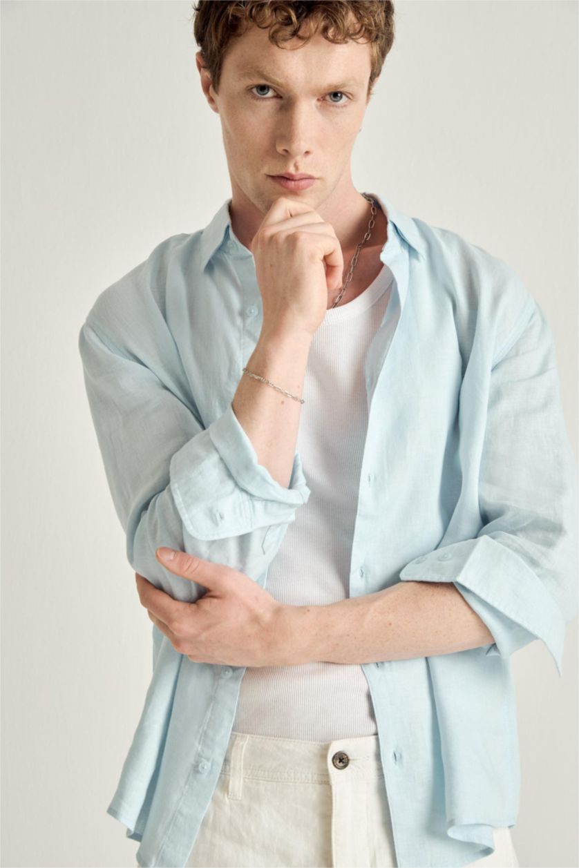Men Light Blue Linen Long Sleeve Shirt