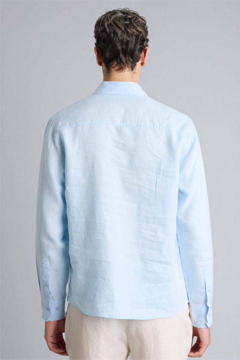 Erkek Açık Mavi %100 Keten Regular Fit Polo Yaka Yazlık Basic Düz Uzun Kollu Gömlek