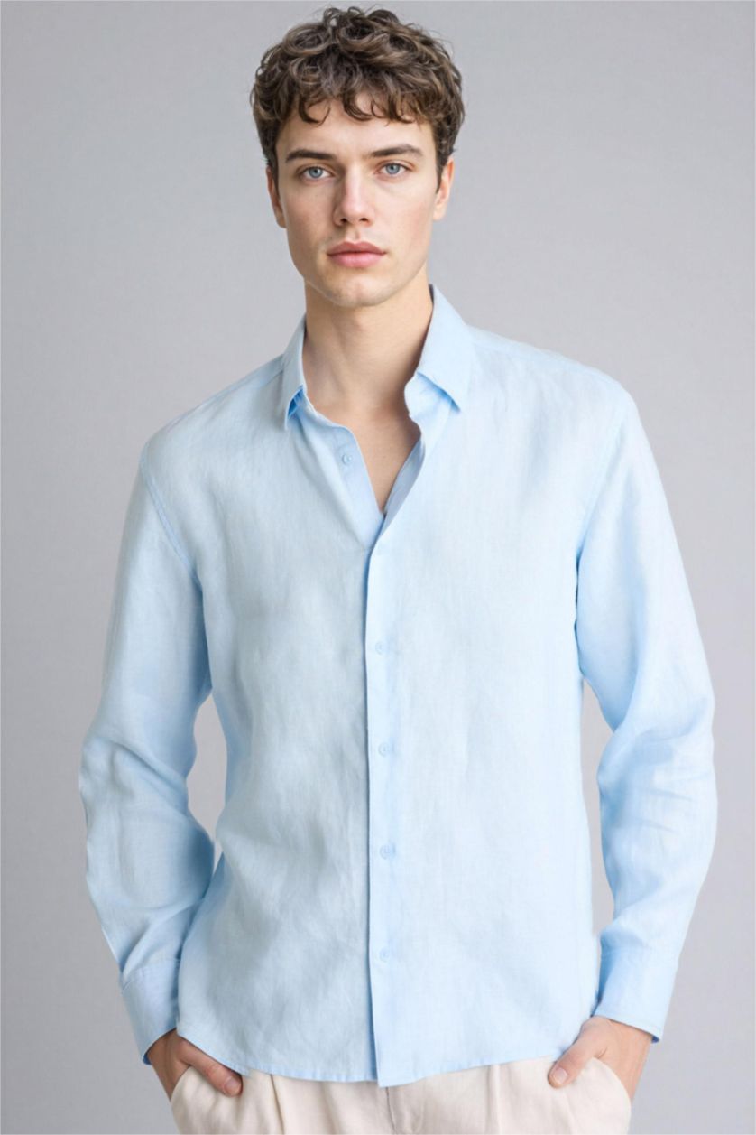 Erkek Açık Mavi Regular Fıt Polo Yaka Keten Uzun Kollu Gömlek