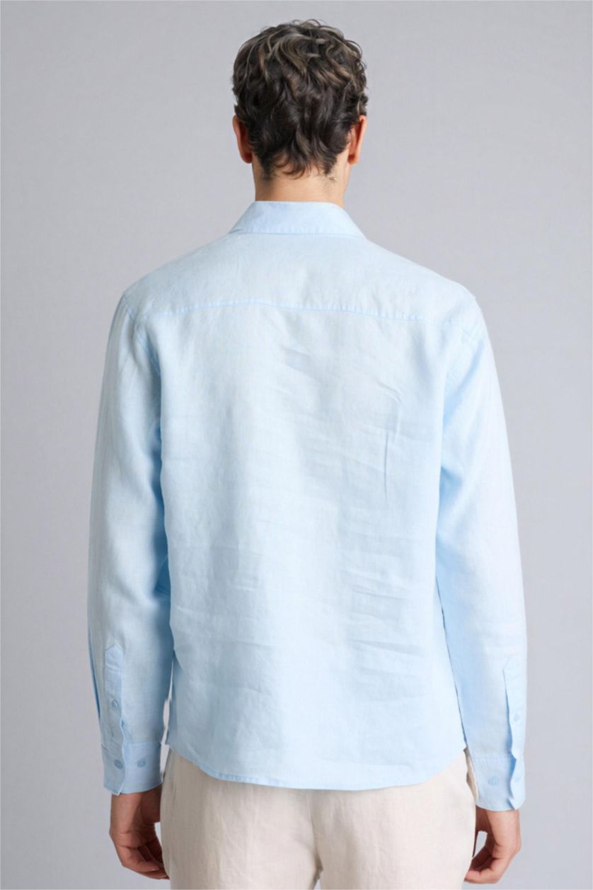 Erkek Açık Mavi Regular Fıt Polo Yaka Keten Uzun Kollu Gömlek