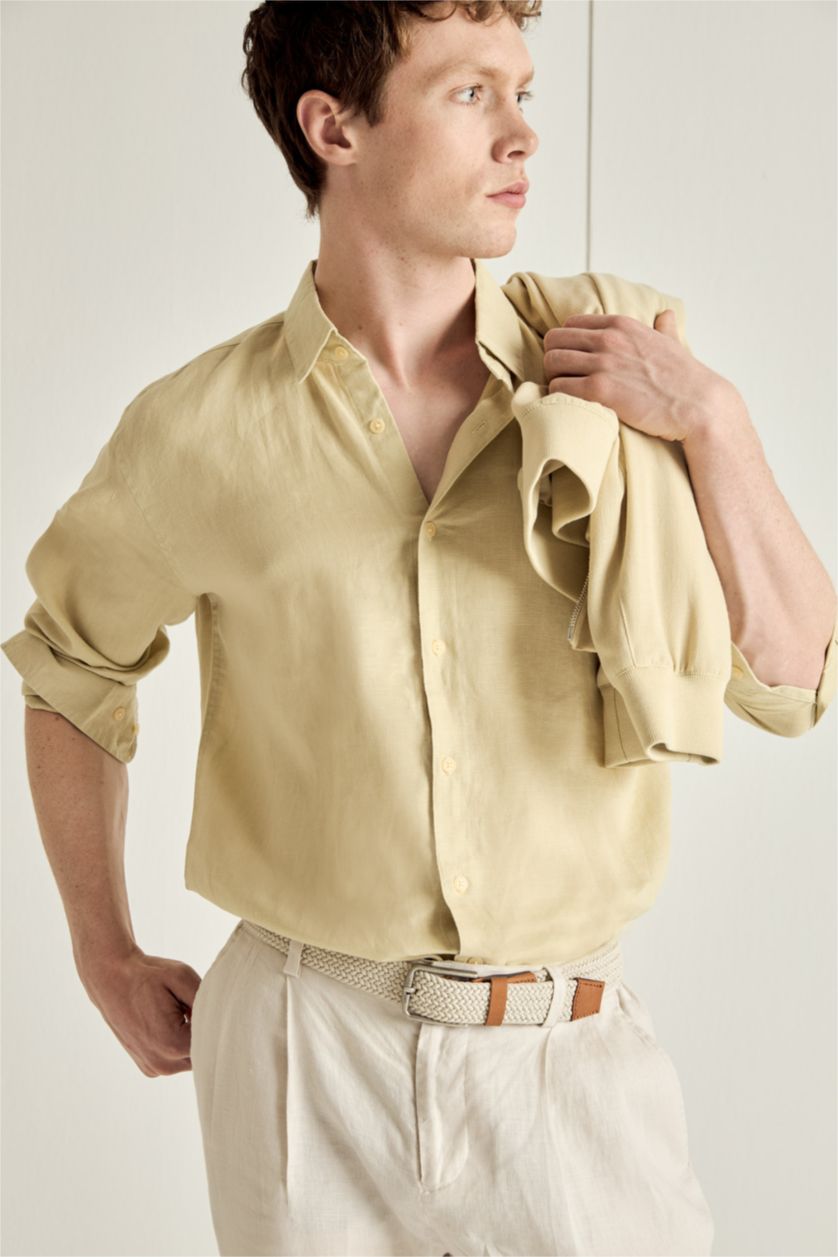 Erkek Bej Regular Fıt Polo Yaka Keten Uzun Kollu Gömlek