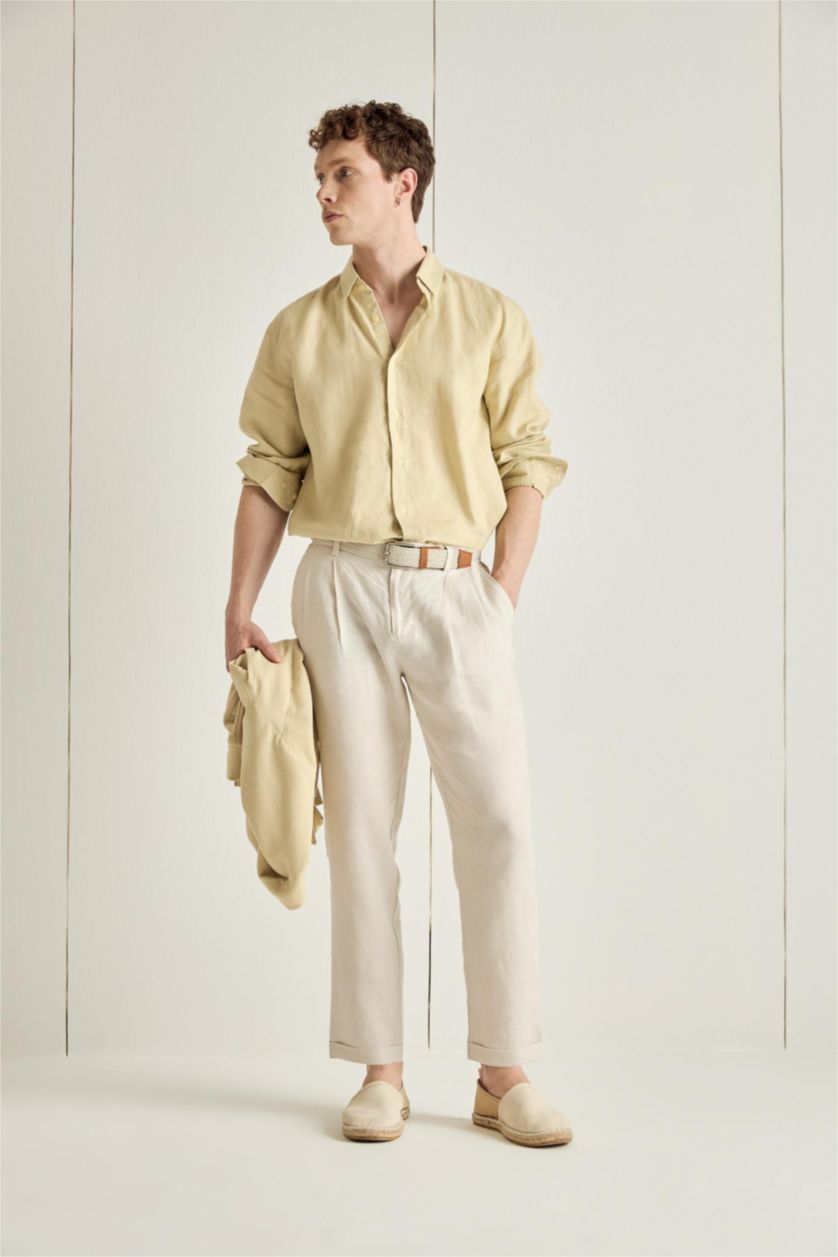 Erkek Bej Regular Fıt Polo Yaka Keten Uzun Kollu Gömlek