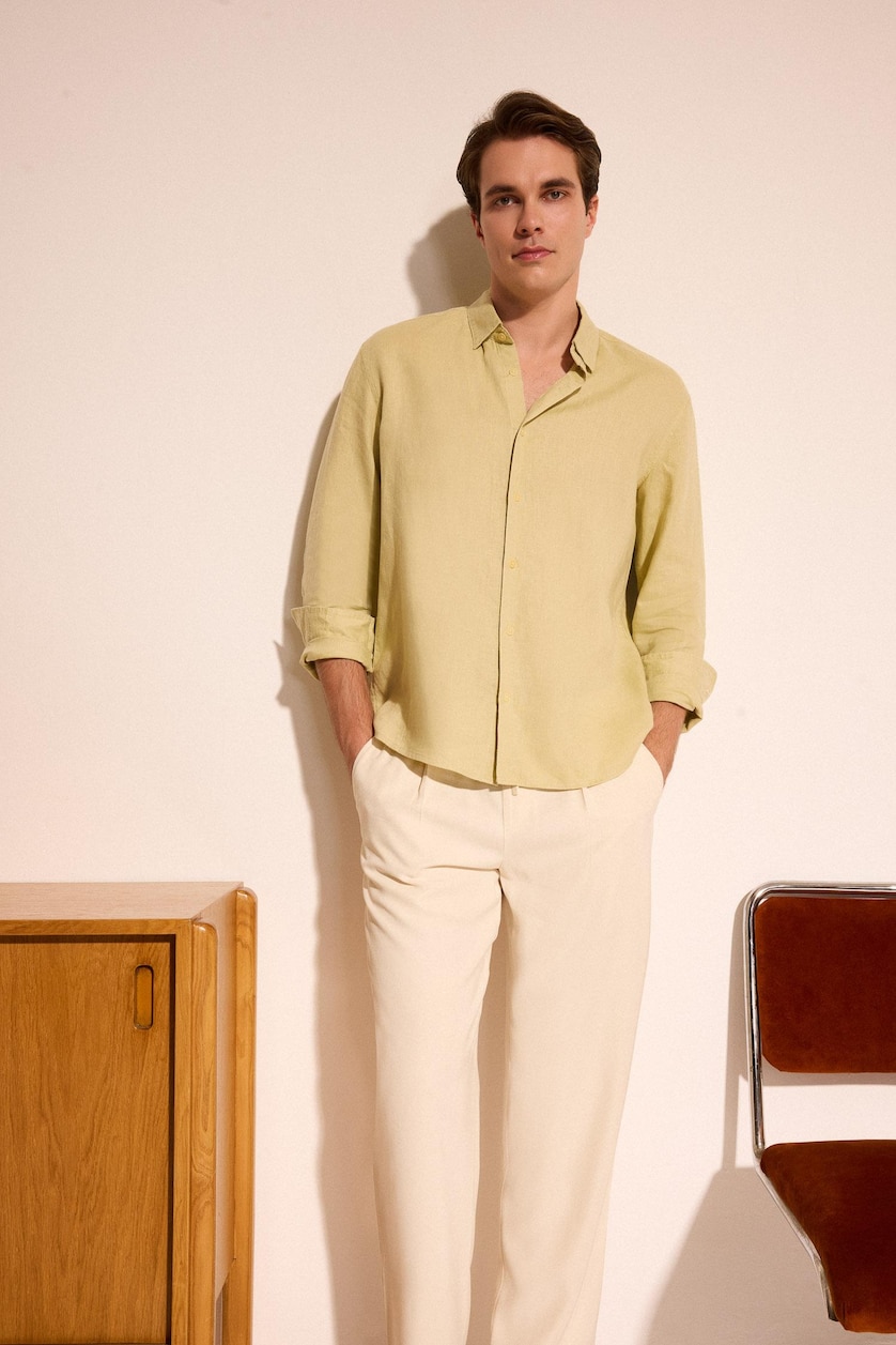 HOMME Beige Lin Chemises à manches longues